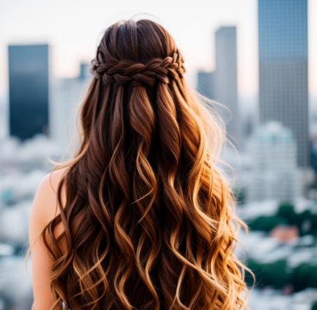 Eine Frau mit einer aufwendigen Balayage-Haarverlängerung steht mit dem Rücken zur Kamera und blickt auf die Skyline der Stadt.