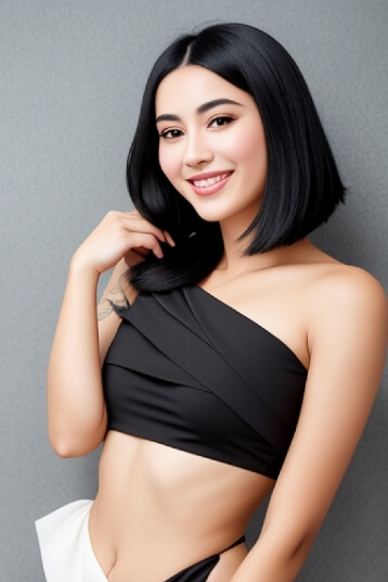 Eine Frau präsentiert eine elegante Haarverdichtung mit glänzendem, schwarzem Bob-Haarschnitt und einem asymmetrischen schwarzen Top.